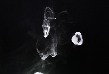 Image showing Smoke rings png, cigarette cloud and mist with abstract pollution swirl and texture. Fog, art and steam pattern in the air with isolated transparent, smoking and incense creativity with motion