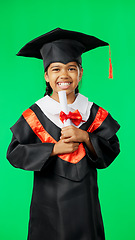 Image showing Graduation, education and excited child on green screen for graduate, academy ceremony and award. Primary school, student and portrait of young girl with pride, achievement and success in studio