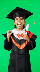 Image showing Graduation, education and excited child on green screen for graduate, academy ceremony and award. Primary school, student and portrait of young girl with knowledge, achievement and success in studio