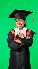 Image showing Graduation, education and child smile on green screen for graduate, academy ceremony and award. Primary school, student and portrait of young girl for kindergarten, achievement and success in studio