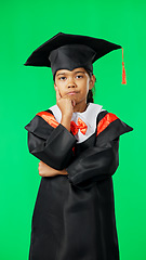 Image showing Graduation, education and thinking child on green screen for graduate, academy ceremony and award. Primary school, student and portrait of young girl with knowledge, achievement and success in studio