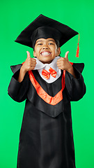 Image showing Graduation, happy and face of a child with a thumbs up on a green screen isolated on a studio background. Success, achievement and portrait of an excited girl with an emoji sign for education