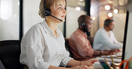 Image showing Call center, telemarketing and woman on computer for customer service, consultant and business crm in office. Sales, support and contact us on desktop, telecom consulting and microphone communication