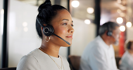 Image showing Contact us, call center or telemarketing worker typing an email for feedback or helping a client in customer services. Productivity, microphone or sales consultant working on research at office desk