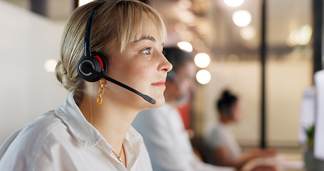 Image showing Call center, woman and telemarketing for customer support, consulting and office. Female agent, lady and consultant for client service, advice and talking to help, business and employee with headset.