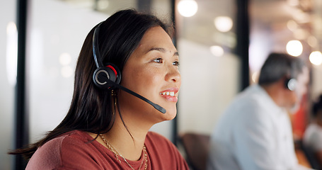 Image showing Call center, woman and phone call, contact us with CRM, customer service or telemarketing sales, conversation and technology. Communication, headset and female call centre employee, help and computer