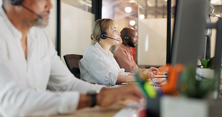 Image showing Call center, telemarketing and woman on computer for customer service, consultant and business crm in office. Sales, support and contact us on desktop, telecom consulting and microphone communication