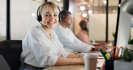 Image showing Call center, telemarketing and woman on computer for customer service, consultant and business crm in office. Sales, support and contact us on desktop, telecom consulting and microphone communication