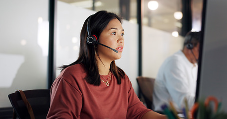 Image showing Call center, woman and phone call, contact us with CRM, customer service or telemarketing sales, conversation and technology. Communication, headset and female call centre employee, help and computer