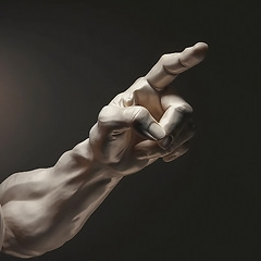 Image showing Arm, choice and a person pointing for direction isolated on a black background in studio. Decision, vote and hand and finger of a man showing the way, choosing and gesturing for choice on a backdrop