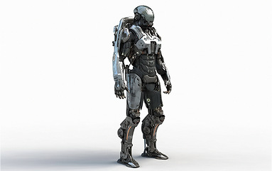 Image showing Cyborg, robot and iron warrior on mockup in futuristic war, cyberspace battle or android machine against white studio background. Future cyber robotic humanoid, metahuman or metaperson on copy space