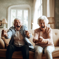 Image showing Portrait, scream or excited senior couple, friends or old people winning, celebrate and watch retirement home tv show. Celebration, achievement winner or fun elderly woman, man or AI generated person