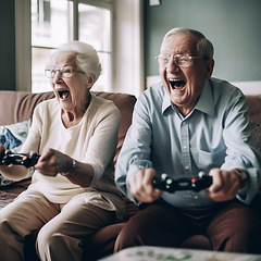 Image showing Home, scream and gaming senior couple, friends or people play video game or television entertainment console. Tv gamer controller, fun challenge and excited elderly woman, man or AI generated person