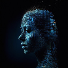 Image showing Future, big data and human face with technology, innovation and network signal on dark studio background. Head, robotics or woman with futuristic, mockup or analytics with connection or ai generated