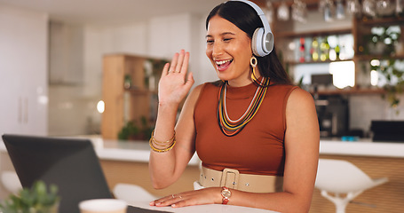 Image showing Laptop, freelance and woman on video call in home office for webinar with headphones and smile. Communication, technology and training online, freelancer working as advisory consultant in remote work