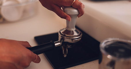 Image showing Hands, coffee press and filter for espresso to start morning for energy in home, kitchen or cafe. Woman, ready or preparation for drink, matcha or plunger at barista job, restaurant or small business