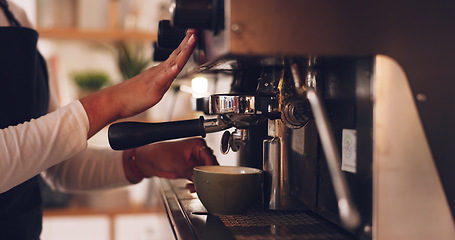 Image showing Coffee machine, barista hands and woman in cafe, prepare latte or espresso drink with service and premium blend caffeine. Hot beverage, person working in restaurant and cup with brewing process