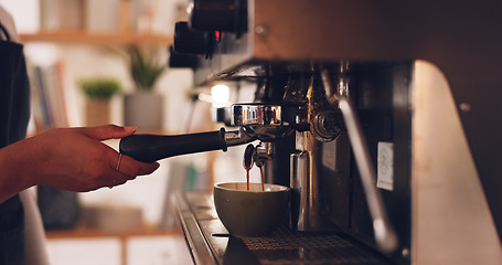 Image showing Coffee machine, barista hands and woman in cafe, prepare latte or espresso drink with service and premium blend caffeine. Hot beverage, person working in restaurant and cup with brewing process