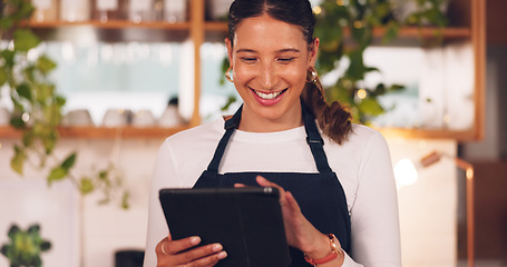 Image showing Cafe barista or happy woman on tablet for ecommerce, online services and restaurant sales promotion. Small business owner, waitress or retail person on digital technology for coffee shop or cafeteria