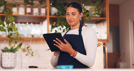 Image showing Cafe barista or happy woman on tablet for ecommerce, online services and restaurant sales promotion. Small business owner, waitress or retail person on digital technology for coffee shop or cafeteria