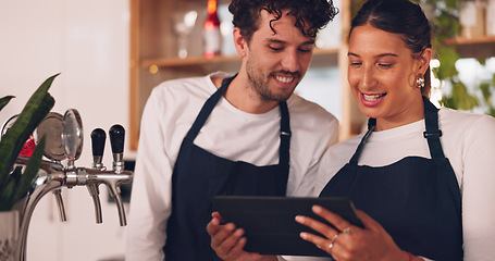 Image showing Barista team, talking with tablet in coffee shop, man and woman, discussion about work schedule or inventory check. Communication, technology with online system in cafe, working and manage sales