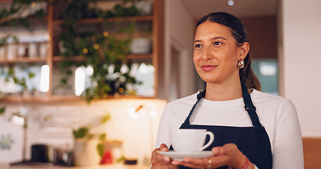 Image showing Woman bringing order to customers. Smiling waitress taking order to happy customer. Cafe service for person ordering coffee