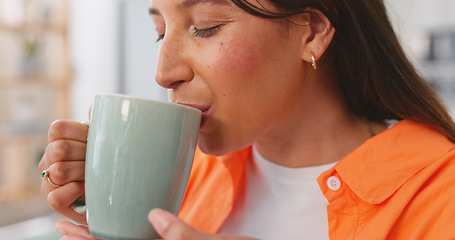 Image showing Relax, thinking and happy woman with coffee on break drinking with smile on face with peace and calm. Freedom, happiness and smiling girl enjoying nostalgic memory, aroma and cup at tea time in home.