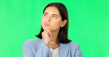 Image showing Business, woman and thinking on green screen of ideas, questions and remember in studio. Female model, serious worker and think of solution, decision and memory of why, choice and visionary mindset