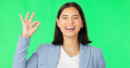 Image showing Ok hands, face and happy woman on green screen, background and review of business support. Portrait of female employee, smile and okay for success, yes and bonus for perfect emoji, thank you and sign