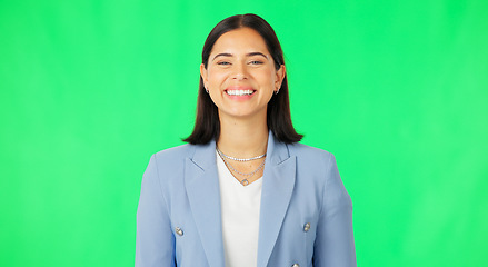 Image showing Smile, business woman and face on green screen, studio and color background for confidence, happiness and pride. Portrait of happy young model, female employee and empowerment of professional worker