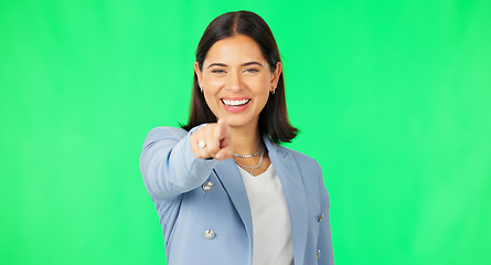 Image showing Business woman, face and point at you by green screen with smile for recruitment, choice and hiring opportunity. Businesswoman, pointing and mock up portrait for human resources by studio background