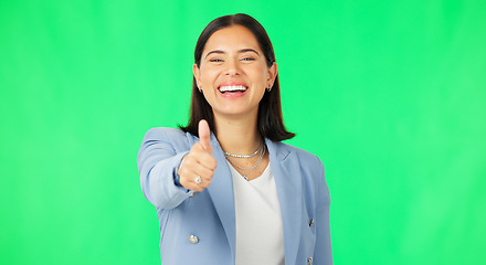 Image showing Business woman, hand and thumbs up on green screen for agreement, winning or success against a studio background. Portrait of happy female showing thumb emoji, yes sign or like on chromakey mockup