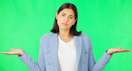 Image showing Business woman, open hands and palm by green screen for choice, decision and confused face in studio. Young businesswoman, hand gesture and portrait for product placement with mock up by background