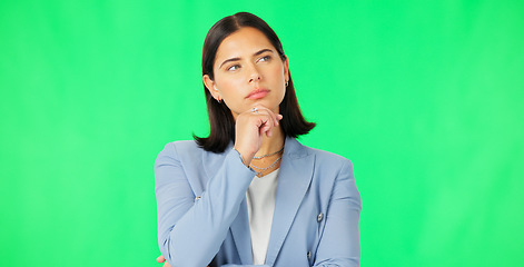 Image showing Thinking, business and woman on green screen for ideas, questions and brainstorming. Female model, serious worker and daydream of solution, decision and planning memory, choice and visionary mindset