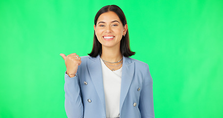 Image showing Face, employee and woman pointing, green screen and happiness against a studio background. Portrait, female entrepreneur and happy consultant with suggestion, showing space and decision with branding