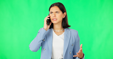 Image showing Frustrated business woman on green screen, phone call and angry conversation with office conflict in studio. Anger, crisis and businesswoman with smartphone, crm conversation on problem or mistake.