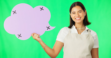 Image showing Speech bubble, happy woman and face with marketing on green screen, mockup space and social media branding. Logo promo, tracking markers and female smile in portrait, advertising on studio background