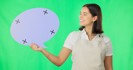 Image showing Woman, speech bubble and smile on face by green screen studio for mockup, promo and social media. Girl, excited portrait and mock up poster for news, information and happy for branding by background