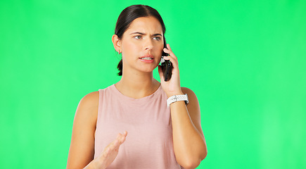 Image showing Phone call, fitness conversation and woman with green screen feeling angry and frustrated from crisis. Isolated, studio background and stress from a female model with mobile and communication problem