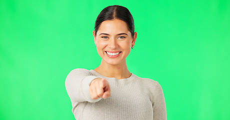 Image showing Face, pointing to you and woman with green screen, inspiration and smile on studio background. Portrait, female and person with gesture for direction, show with finger and motivation with happiness