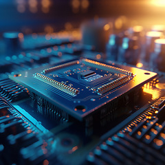 Image showing Computer hardware, CPU and motherboard with technology abstract, microchip and circuit board closeup. Cyber tech, cloud computing and processor, AI and digital drive with pc system and electronics