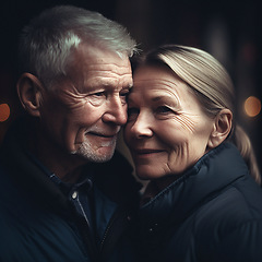 Image showing Love, portrait of old woman and man with smile on face, bokeh and romantic evening anniversary celebration. Retirement and senior couple in happy relationship or ai generated mature marriage