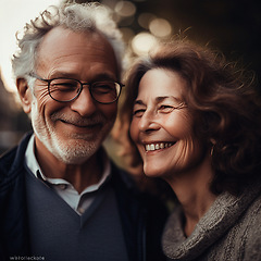 Image showing Love, romance and senior couple with smile and bokeh on romantic evening celebration. Outdoor date, retirement and happy man with woman in relationship or ai generated marriage anniversary