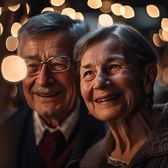 Image showing Love, romance and old couple with smile and bokeh on romantic evening celebration together. Outdoor date, retirement and happy man with senior woman in relationship or ai generated marriage