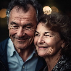 Image showing Love, date at night and old couple with smile and bokeh on romantic evening celebration together. Romance, retirement and happy man with woman in relationship or ai generated marriage anniversary