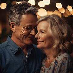 Image showing Love, date night and senior couple with smile and bokeh on romantic evening celebration together. Romance, retirement and happy man with woman in relationship anniversary or ai generated marriage