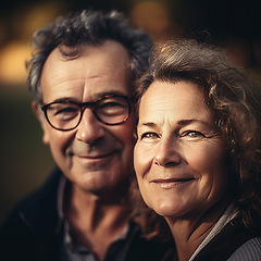 Image showing Love, smile and portrait of mature couple with bokeh on romantic evening celebration together. Date, retirement and face of happy man with senior woman in relationship or ai generated marriage