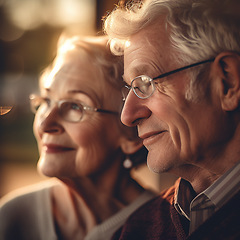 Image showing Love, smile and mature couple with bokeh, glasses and romantic evening celebration in profile. Romance, retirement and face of happy man with senior woman in relationship or ai generated marriage