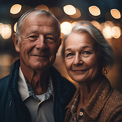 Image showing Love, marriage and portrait of old couple with smile, bokeh and romantic evening celebration together. Romance, retirement and man with senior woman in happy relationship or ai generated anniversary