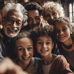 Image showing Portrait, selfie and family smile for ai generated, futuristic app and 3d photo filter at home. Multicultural group, creative technology and augmented face of happy kids with grandparents for picture